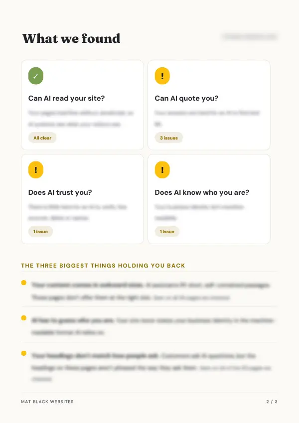 'What we found' page of a sample report, scoring four checks: can AI read, quote, trust and identify you