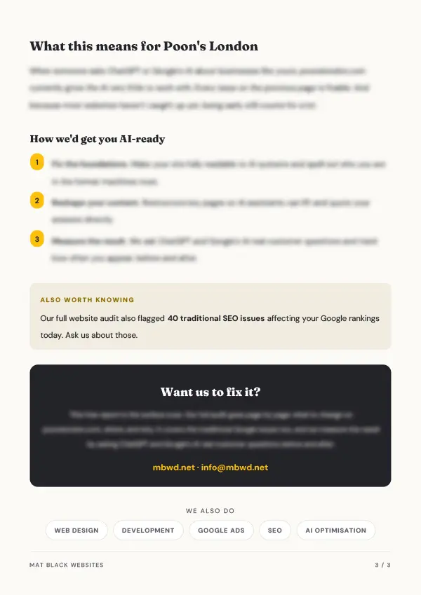 Closing page of a sample report, with the steps we'd take to get the site AI-ready